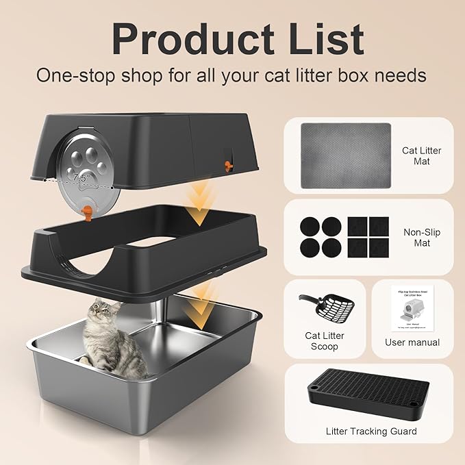 Stainless Steel Litter Box with Lid, XL Extra Large Litter Box, Enclosed Top Entry Metal Litterbox for Big Cat, Easy Cleaning, Anti-Leakage & High Sided with Mat, Aisle & Scoop Black