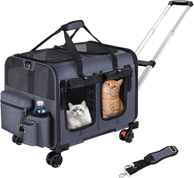 Cat Carrier for 2 Cats,Cat Carrier with Wheels for Cats and Dogs, Foldable Double Pet Carrier, Rolling Dog Carrier with Detachable Wheels and Telescopic Handle,2 Front Zippered Compartments Gray