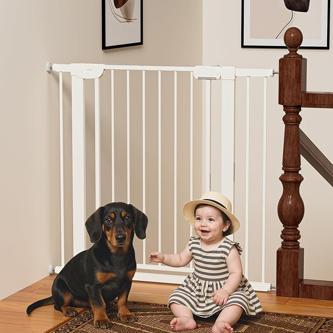29.5-40.6" Magnetic Baby Gate for Stairs, Baby Safety Essentials, Auto Close Gate for Doorways, Easy Install Pressure Mounted Dog Gate Indoor, Pet Gates for Dogs, White