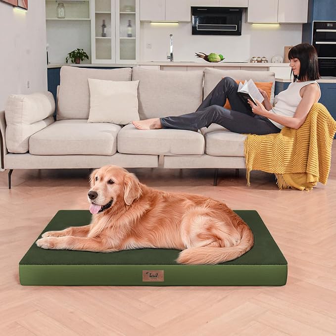 Plush Orthopedic Dog Bed for Medium Dogs & Puppies, Waterproof Dog Beds 29x18 Inch with Removable Washable Cover, Egg Crate Foam Flat Pet Mat, Olive Green