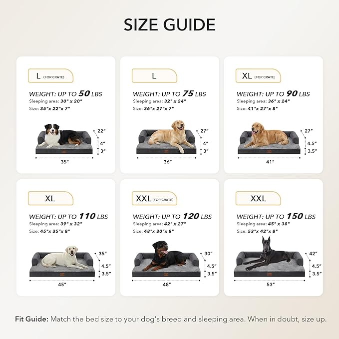 Orthopedic Dog Beds for Extra Large Dogs, Waterproof Egg Crate Foam XL Dog Bed with Sides 41x27Inch, Washable Big Dogs Couch Beds with Removable Cover and Nonskid Bottom, Dark Grey