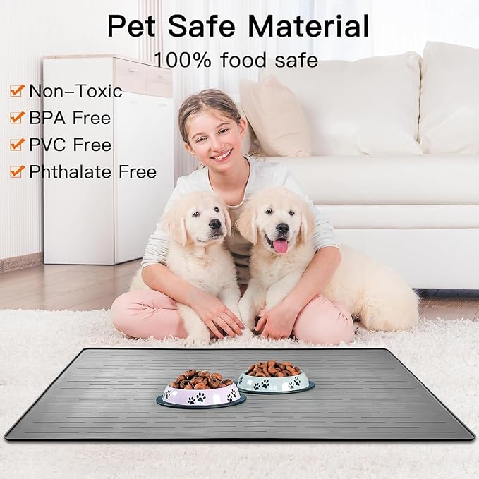 XXXL Pet Food Mat, 48" x 32" Largest Silicone Dog Mats for Food and Water, Nonslip Pet Feeding Mats for Floors,Dog Cat Bowl Mat with Raised Edges, Drak Brown