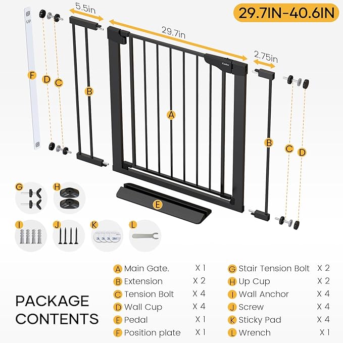 Cumbor 36" Extra Tall Baby Gate for Stairs, 29.7-40.6" Wide Dog Gate for Doorways, Pressure Mounted Auto-Close Pets Gates for Dogs Indoor, Durable Safety Child Gate, Mom's Choice Awards Winner, Black