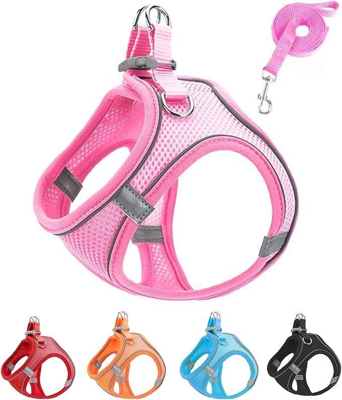 L Pink Soft Mesh Dog Harness and Leash Set,No Escape Puppy Harnesses for Training Walking， Reflective Adjustable Puppy Vest for Small Medium Dogs, Cats (Pink, L)