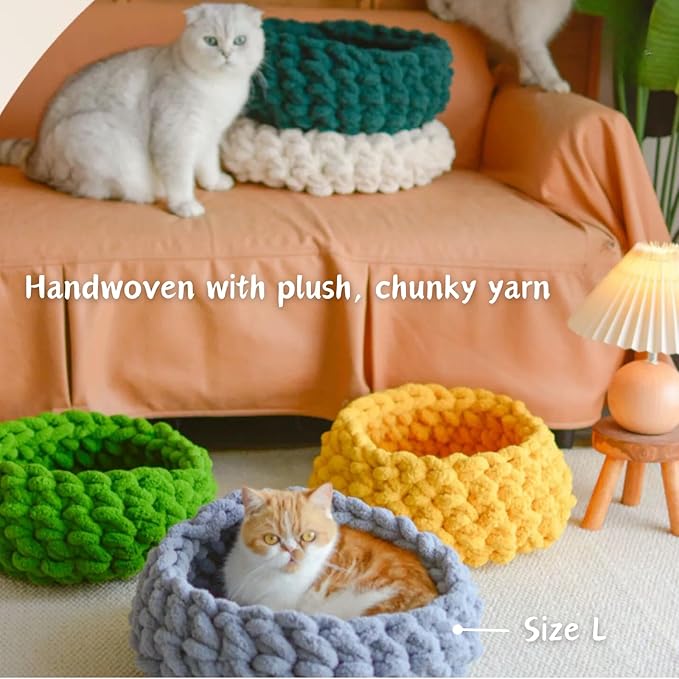 Cat Nest Bed - Premium Self Warming Handwoven Washable Extra Soft Round Cave House for Indoor Kitten & Kitty, Small & Large (Persimmon Yellow,Large)