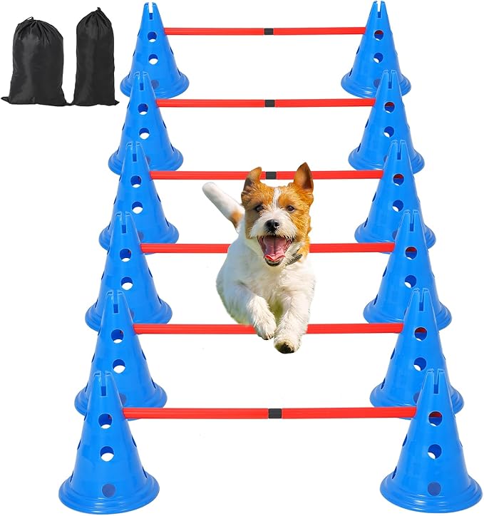 Garvee Dog Agile Hurdle Cone Set, Dog Training Agile Equipment with Height Adjustable Crossbar for Beginners & Advanced,Dog Obstacle Courses with 12 Cones & 6 Agile Rods & Carry Bag