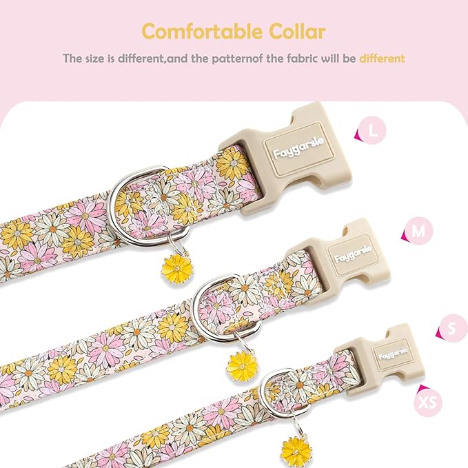 Faygarsle Floral Girl Dog Collar, Cotton Fabric with Daisies Pattern, Pink and Yellow Summer Spring Design for Small Medium Large Dogs L