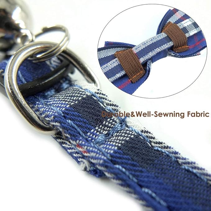 Cat Collar Breakaway with Bell and Bow Tie, Plaid Design Adjustable Safety Kitty Kitten Collars(6.8-10.8in) (Blue Plaid 1)
