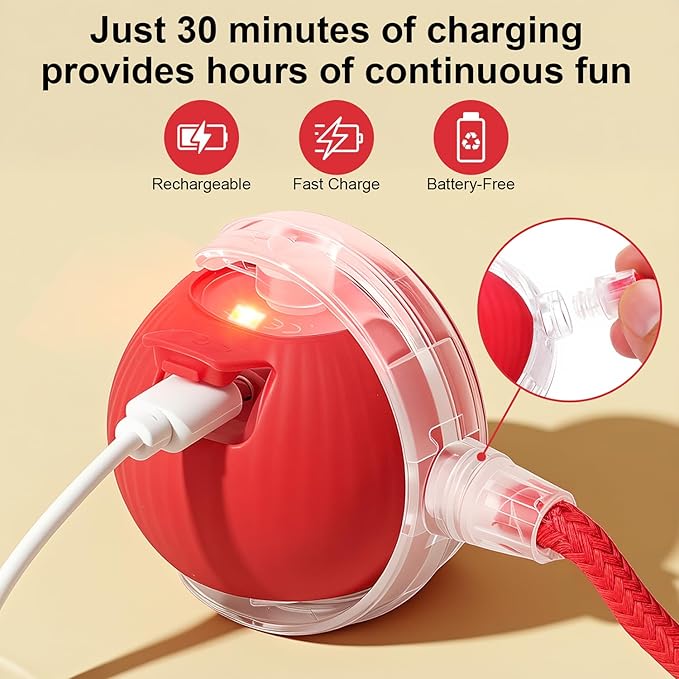 Interactive Electric Automatic Rolling Moving USB Rechargeable Self Activated Play Stimulation Toy Smart Chase Teaser Ball with Speedy Tail Rope for Bored Adult Indoor Cats and Dogs, Red
