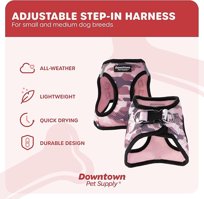 Downtown Pet Supply Step in Dog Harness for Small Dogs No Pull, Large, Camo Pink - Adjustable Harness with Padded Mesh Fabric and Reflective Trim - Buckle Strap Harness for Dogs