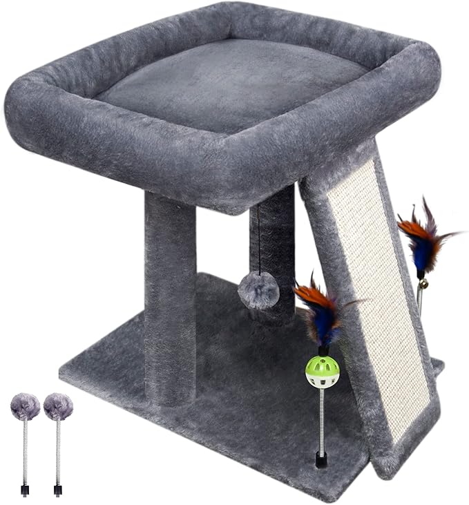 TWDEPART Cat Tree Tower with Cat Scratching Post for Indoor Cats, Activity Centre Climbing Tree with Scratching Board and Playful Toy Balls, Grey