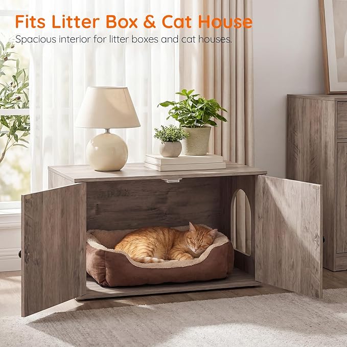 HOOBRO Cat Litter Box Enclosure, Hidden Litter Box Furniture with Side Entry, Litter Box Cabinet, Indoor Cat House, End Side Table, 31.5"L x 17.7"W x 16.3"H, for Living Room, Bathroom, Greige BG40MW01