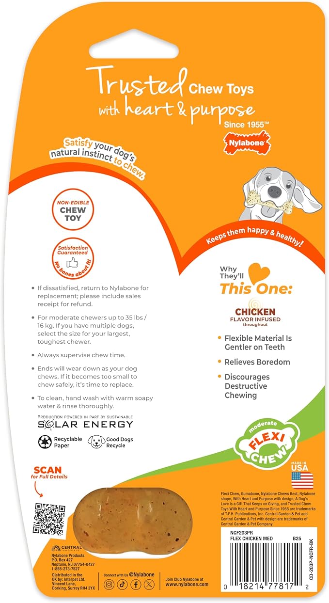 Nylabone Original Bone Flexi Chew Toy for Dogs, Flexible Dog Toys for Moderate Chewers, Chicken Flavor, Medium - Up to 35 lbs, 1 Count