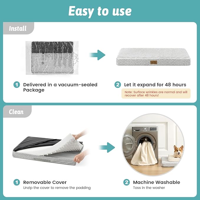 Dog Crate Bed for Small Size Dogs, Rectangular Orthopedic Cat Beds, Foam Anti-Slip Bottom Pet Mat with Washable Removable Cover, Suitable for Pet Up to 30 lbs, 24x16x3 inch, Grey