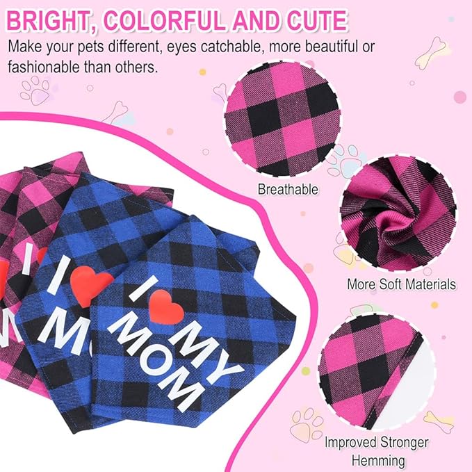 GreenJoy Cute Plaid Dog Bandana – Washable Pet Triangle Scarf for Small, Medium, Large Dogs and Cats, Adjustable Pet Accessory for Birthday, Wedding and Christmas (Pink (Mom), Large)