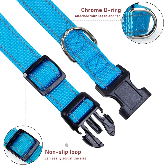 Reflective Dog Collar with Buckle Adjustable Safety Nylon Collars for Small Medium Large Dogs, Blue L
