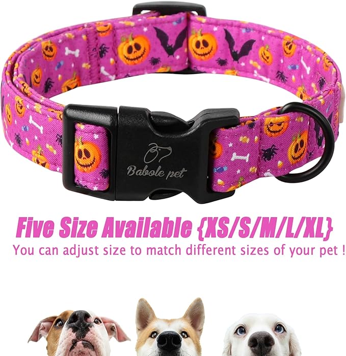 Halloween Dog Collar, Cute Pumpkin Bat Pattern Halloween Purple Puppy Collar, Soft Adjustable Cotton Dog Collars for Small Medium Large Boy&Girl Dogs XS
