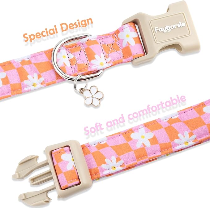 Faygarsle Floral Dog Collar, Pink and Orange Pattern with White Flowers, Spring Summer Design for Small Medium Large Dogs XS
