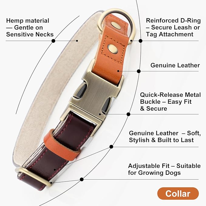 Plutus Pet Genuine Leather & Hemp Dog Collar – Adjustable Heavy Duty Pet Collar with Quick Release Metal Buckle, Soft & Stylish for Puppy and Small, Medium, Large Dogs (Copper Brown, XS)