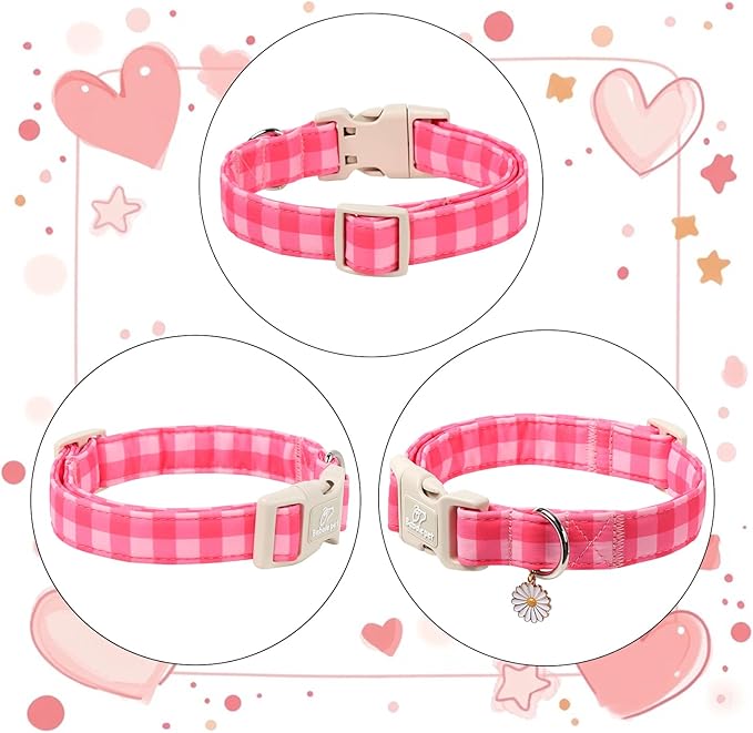 Girl Dog Collar for Puppy Small Dogs - Cute Pink Plaid Puppy Collar, Soft Adjustable Spring Summer Female Dog Collars with Quick Release Buckle XS