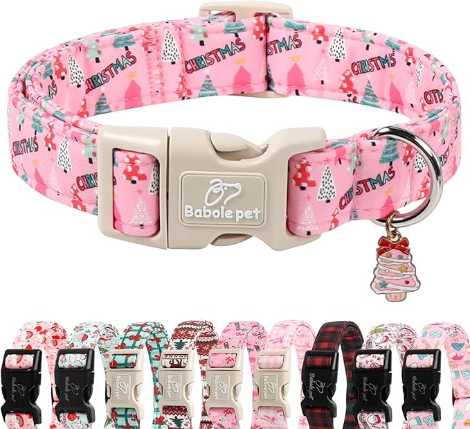 Christmas Dog Collar for Puppy Small Dogs - Cute Xmas Tree Print Pink Christmas Collars for Dogs, Soft Adjustable Winter Holiday Dog Collars with Quick Release Buckle XS