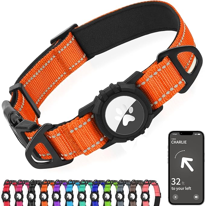 Joytale Airtag Dog Collar, Reflective Pet Collar with Waterproof AirTag Holder, Dual D-Rings, Soft Padded Adjustable for Large Dogs, Orange, L