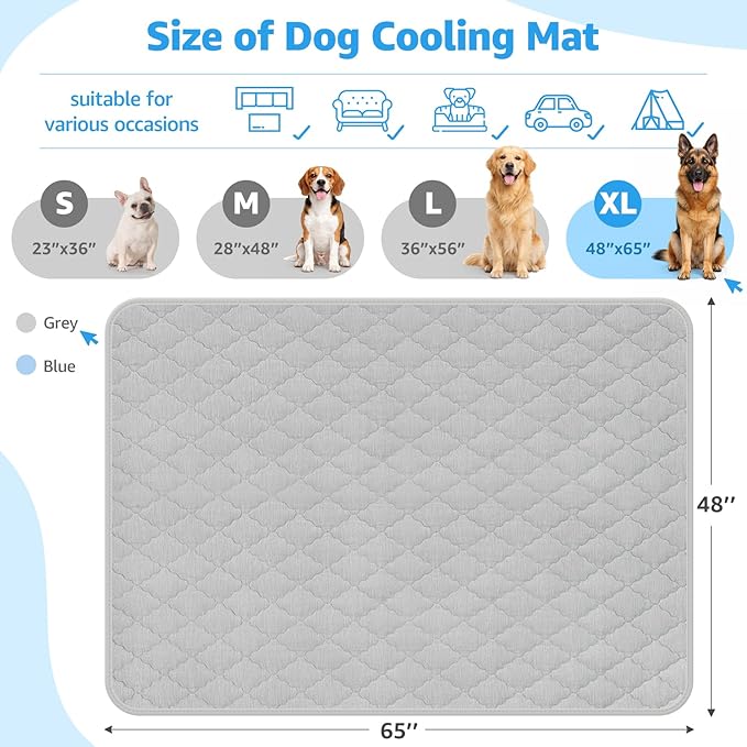 LOOBANI Dog Cooling Mat for Large Dogs - Dog Cooling Pad Durable, Cool Blanket Machine Washable, Large Pet Cool Mat for Outdoor, Indoor (Grey, 48"x65")