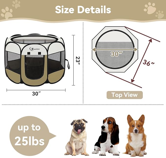 Dog Cat Playpen, Medium Puppy Pet Playpen, Dog Crate Tent Cage Indoor/Outdoor, Portable Pop Up Dogs Kennel Playpen with Carrying Case for Dogs/Cats/Rabbits (Khaki,Medium)
