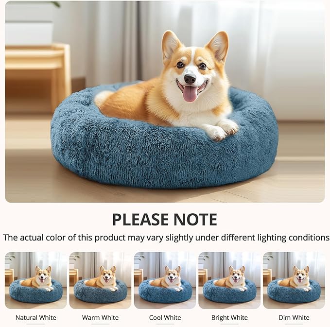 JOLLYVOGUE Calming Dog Bed Large Size Dog, Anti-Anxiety Donut Large Pet Bed, 36 inches Fluffy Faux Fur Round Cat Bed, Fits up to 75 lbs Pets (Blue)