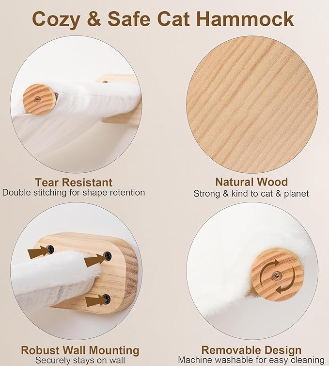 Cat Wall Hammock, Dual-Sided Cat Wall Bed with Canvas & Plush Fabric for All Seasons, Wall Mounted Shelf for Large Cats, Modern Perches for Lounging & Napping