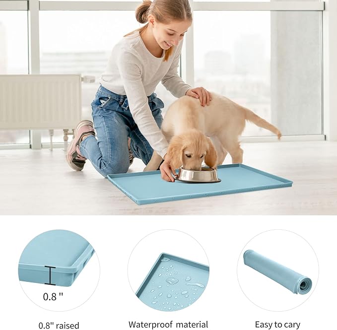 Dog Food Mat,Silicone Waterproof Food Tray,Non Slip Pet Bowl Mats Placemat,0.8" Raised Edge,Suitable for Most Small and Medium Sized Pets,28" x 18"