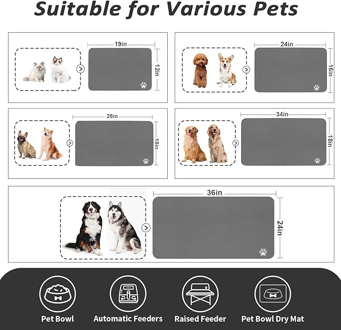 Dog Food Mat - Absorbent Cat Mat for Food and Water, No Stains Pet Feeding Bowl Mat, Easy to Clean Pet Placemats, Quick Dry Dog Water Dispenser Mat for Messy Drinkers | Paw Dark Grey 18"x 34"