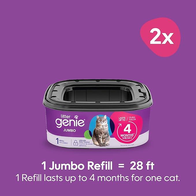 Litter Genie Refill Bags | Jumbo,56 Total ft | Up to 8 Months of Supply in 2 cartridges-| Ultimate Odor Control Cat Litter Bags,2 Count (Pack of 3)