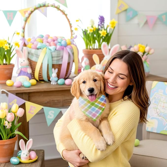 Abbylike 50 Pcs Easter Plaid Dog Bandanas Bulk Pastel Plaid Bandanas for Dogs Triangle Kerchief Bibs Scarf Set for Pet Easter Costume Photo Props Accessories Pet Shops, 25 Styles (25.6 x 17.7 x 17.7)