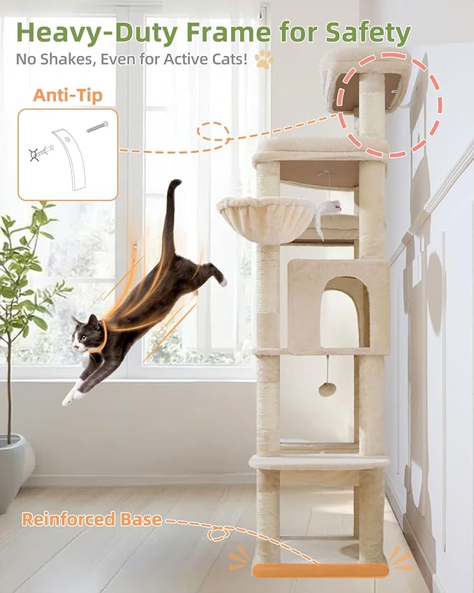 Taoqimiao 71 Inches Cat Tree for Large Cats 20lbs+, 3 Giant Perches, Multi-Level Cat Tree Tower, Widened Cat Condo with 9 Scratching Posts, Luxurious Hammcock & Basket, Beige, MS034M
