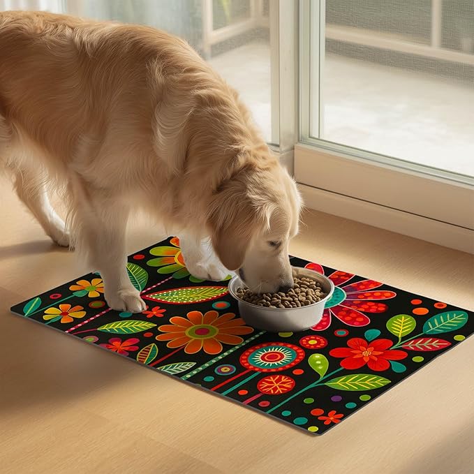 Vibrant Flower Pattern Pet Food Mat Spill-Proof Cat Feeding Mats Non-Slip Mat for Dog Food and Water Bowls Trendy Easy Clean Fast Dry Cat Food Mats for Indoor Cats 20" x 12"