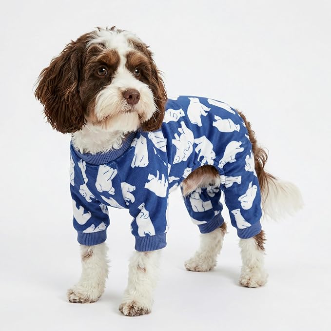 Fitwarm Polar Bear Dog Pajamas, Dog Clothes for Small Dogs Girl Boy, Pet Onesie with Feet, Cat Outfit, Lightweight Velvet, Royal Blue, White, Large
