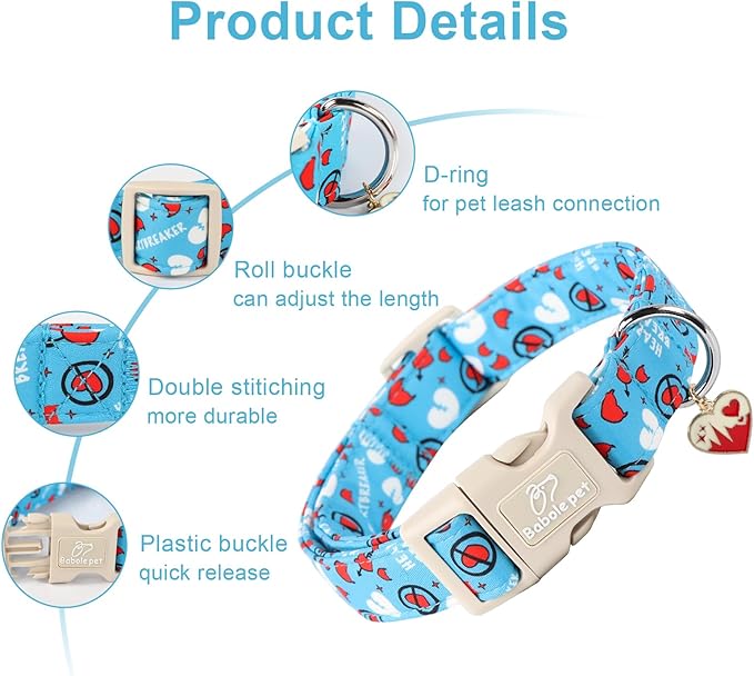 Valentines Dog Collar, Blue Heart Dog Collar, Cute Loving Heart Printed Collar with Quick Release Plastic Buckle for Boys&Girls Dogs, X-Small
