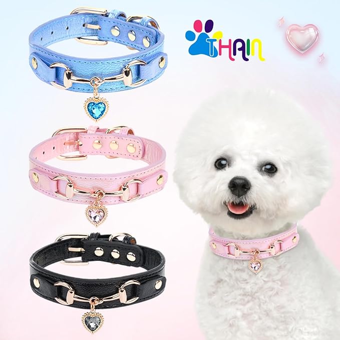 THAIN Fashion Dog Collar with Bling Diamonds & Heart Charm – 5 Holes Adjustable PU Leather Rhinestones Necklace Collar, Gold Buckle for Small Medium Dogs Girl (Pink, S)