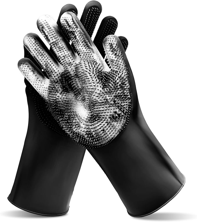 Pet Grooming Gloves—Heat Resistant Dog Washing Gloves with High-Density Teeth, Dog Bath Scrubber with Enhanced Five Finger Design, Silicone Gloves for Dogs and Cats Bathing, Massage (Dark)