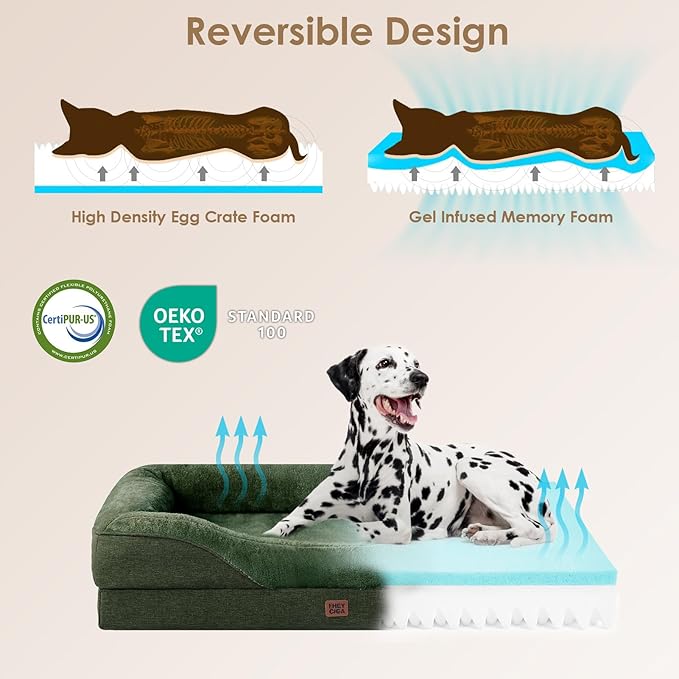 EHEYCIGA Orthopedic Dog Bed for Medium Dog, 35x22x6.5 Inch Memory Foam Dog Couch Bed with Sides, Waterproof Liner & Washable Removable Cover, Bolster Pet Sofa, Dark Green
