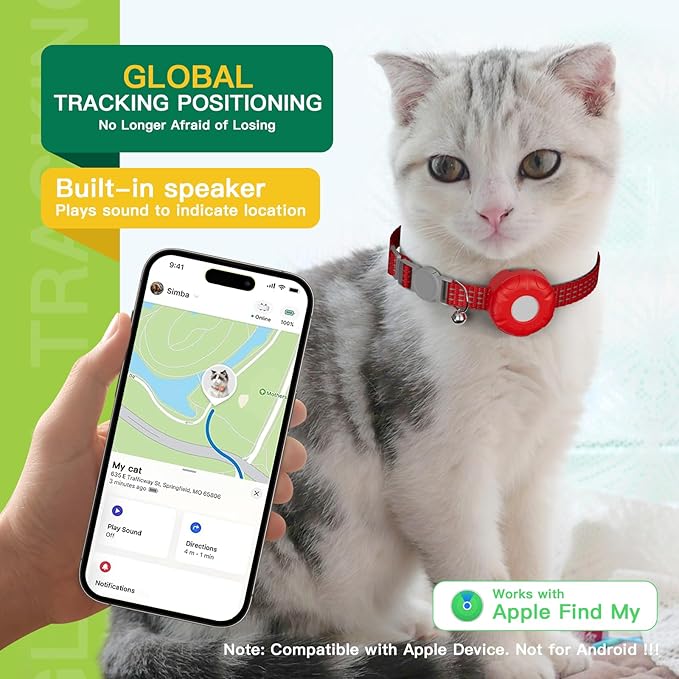 Cat Tracker,Pet Tracker for Cats Compatible with Apple Find My App(Only iOS),Waterproof Tracker Cat Collar with Safety Elastic Buckle,No Monthly Fee,Works with Any Collar (Red)
