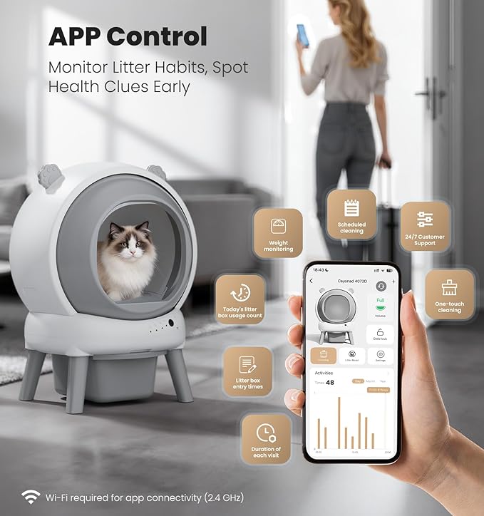 Self Cleaning Litter Box for Multiple Cats, Automatic Litter Box with APP Real-Time Monitor, Dual Safety Protection, Odor-Free Waste Disposal Includes Trash Bags, Gray