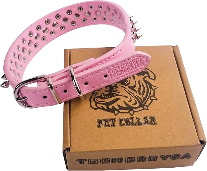 TEEMERRYCA Adjustable Leather Spiked Studded Dog Collars with a Squeak Ball Gift for Small Medium Large Pets Like Cats/Pit Bull/Bulldog/Pugs/Husky, Pink, XXL 19.7-22.4 inches