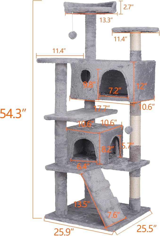 Multi-Level Cat Tree Tower with Condos, 54" Tall Cat Activity Center with Plush Perches and Toys, Space Saving Pet Playhouse for Kittens and Cats (Light Grey)