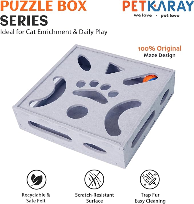 PETKARAY Felt Cat Puzzle Toy, Interactive Cat Toys for Indoor Cats, Interactive Maze for Kitten Felt Puzzle Box with Ball, Grey