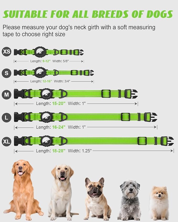 Joytale Airtag Dog Collar, Reflective Pet Collar with Waterproof AirTag Holder, Dual D-Rings, Soft Padded Adjustable for Large Dogs, Green, L