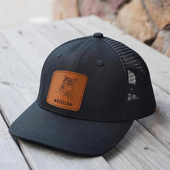Custom Dog Photo Engraved Trucker Hat Leather Patch, Personalized Hat with Photo, Custom Cap Gift for Dog Dad, Pet Lover on Birthday, Father's Day