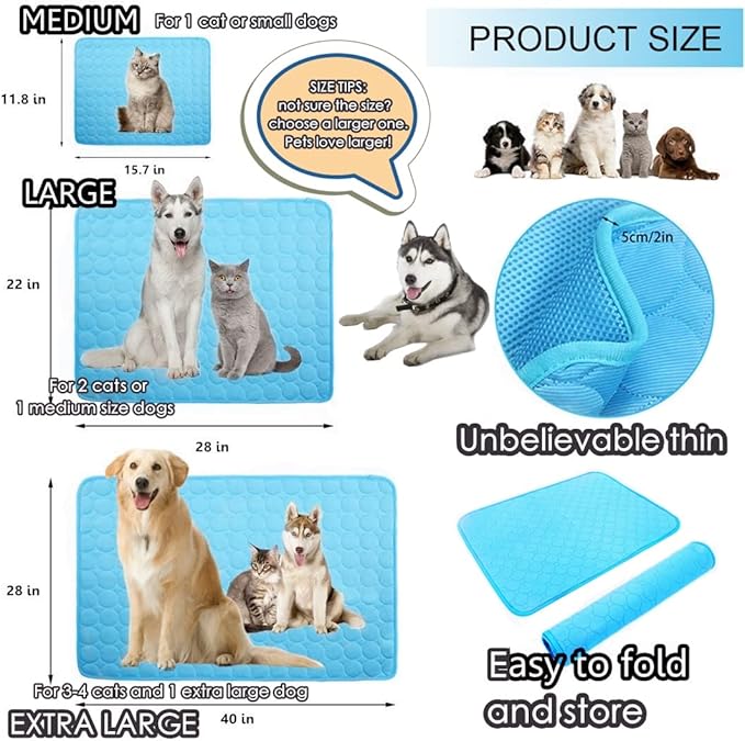 SOMOYA Dog Self Cooling Mat Pet Washable Cooling Pads Blanket Sleeping Kennel Mat,Ice Silk Sleep Mat Pad Non-Toxic Breathable Sleep Bed Beach for Large Dogs Cats (Blue, 27.5x39.4 in)