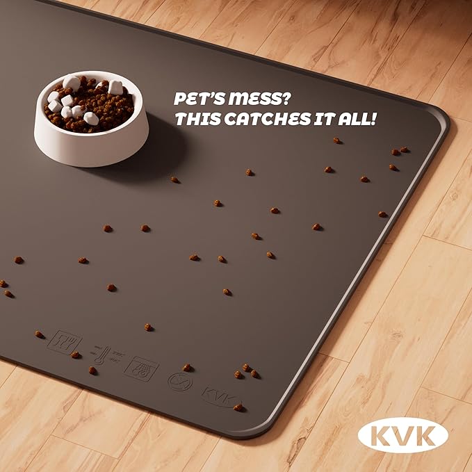 Extra Extra Large Silicone Dog Food Mat 39.4×43.3in and 128oz Silicone Bag Set, Super Size Waterproof Pet Feeding Mat & Container, Non-Slip, Chew-Resistant Floor Protection (Dark Grey&Clear)